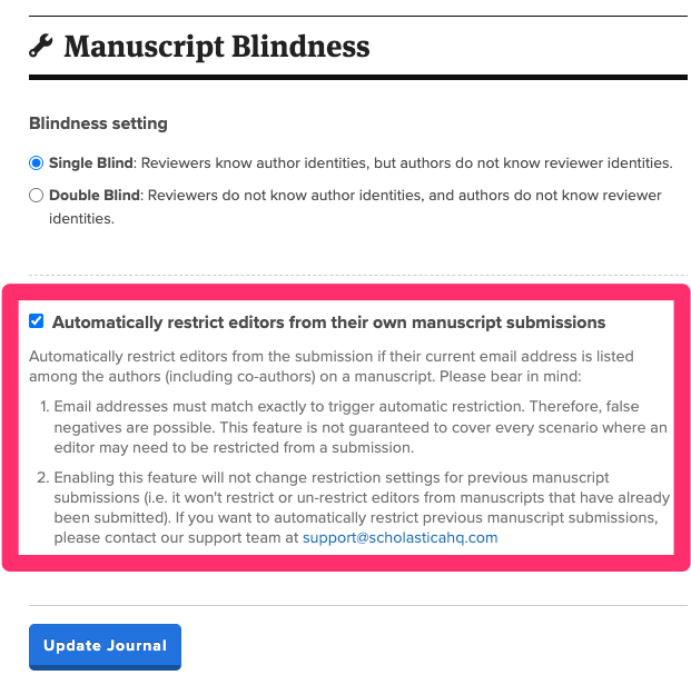 Peer Review setting that must be enabled before automated editor-author restricting will be activated. The option is labeled