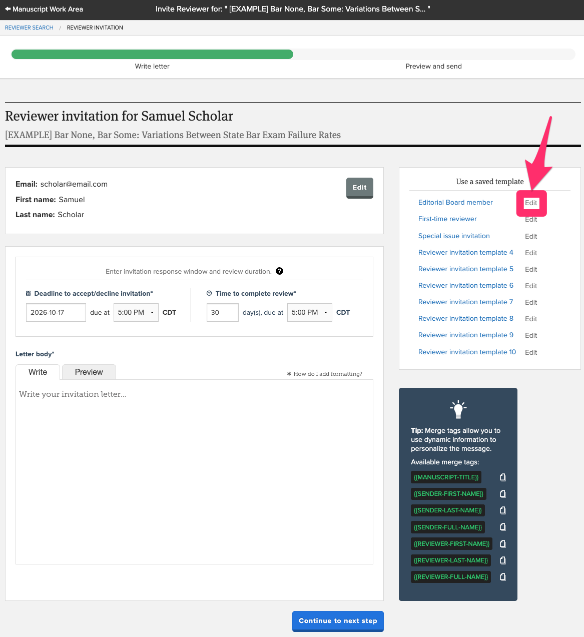 Invite By Email reviewer form with a saved invitation templates list on the right and EDIT button highlighted