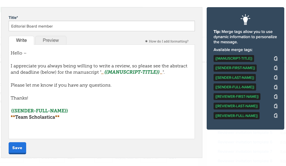 Edit template modal with title field, email body editor with sample invitation text, and Merge Tag Instructions panel