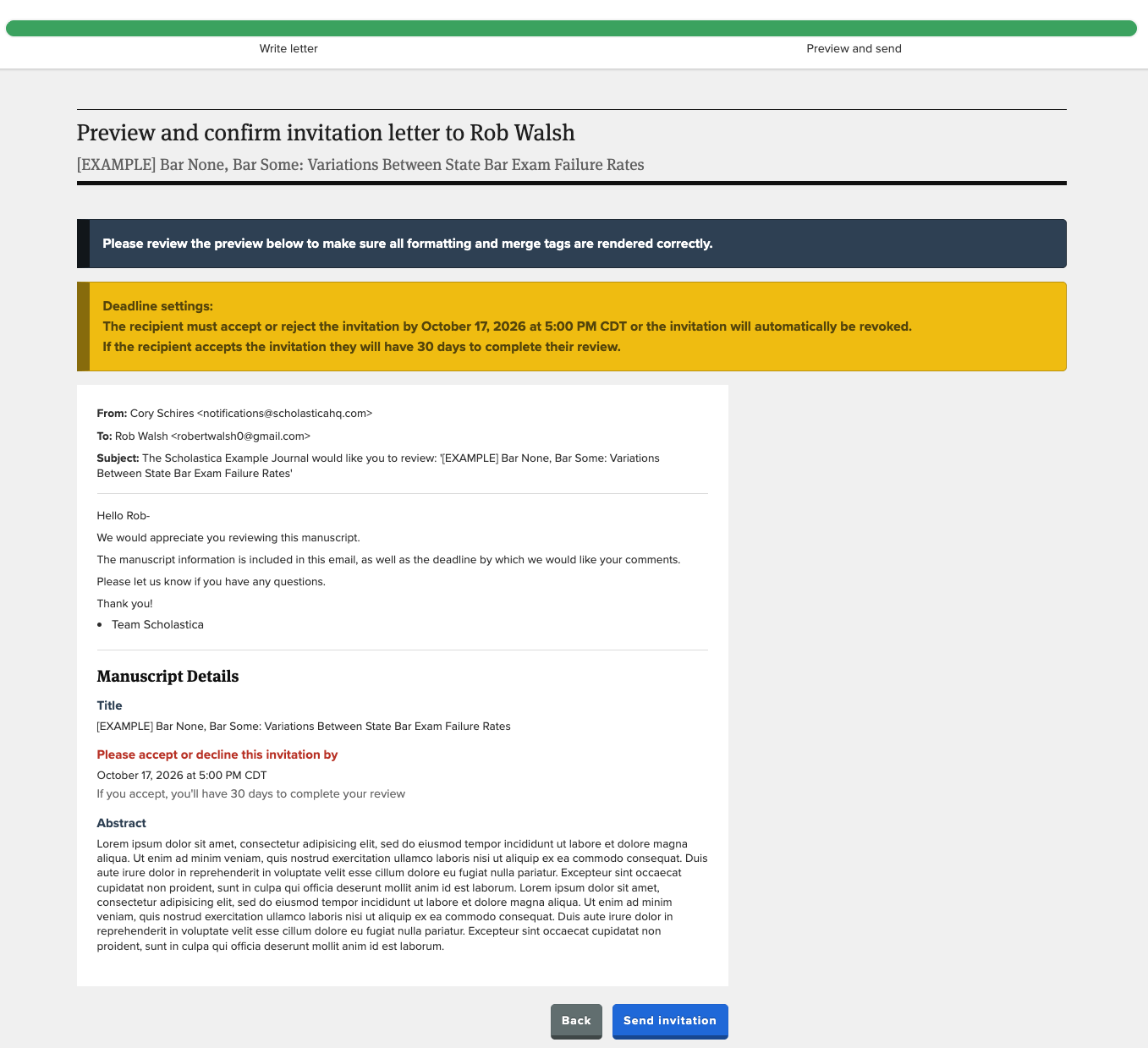 User is on the Preview and send step of the reviewer invitation process. They are previewing the reviewer letter and Manuscript Details before they click the Send invitation button at the bottom of the screen.