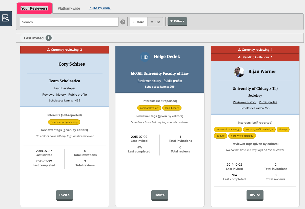 The Your Reviewers table showing the Your Reviewers tab, Platform-wide tab, and Invite by email option.
