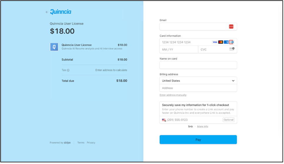 Quinncia payment page for purchasing a user license shows two sections. On the left, purchase details include item name, price, subtotal, tax prompt, and total due. On the right, a form collects email, card information, name on card, billing address, and optional phone number. A “Pay” button appears at the bottom. Total cost is $18.00.