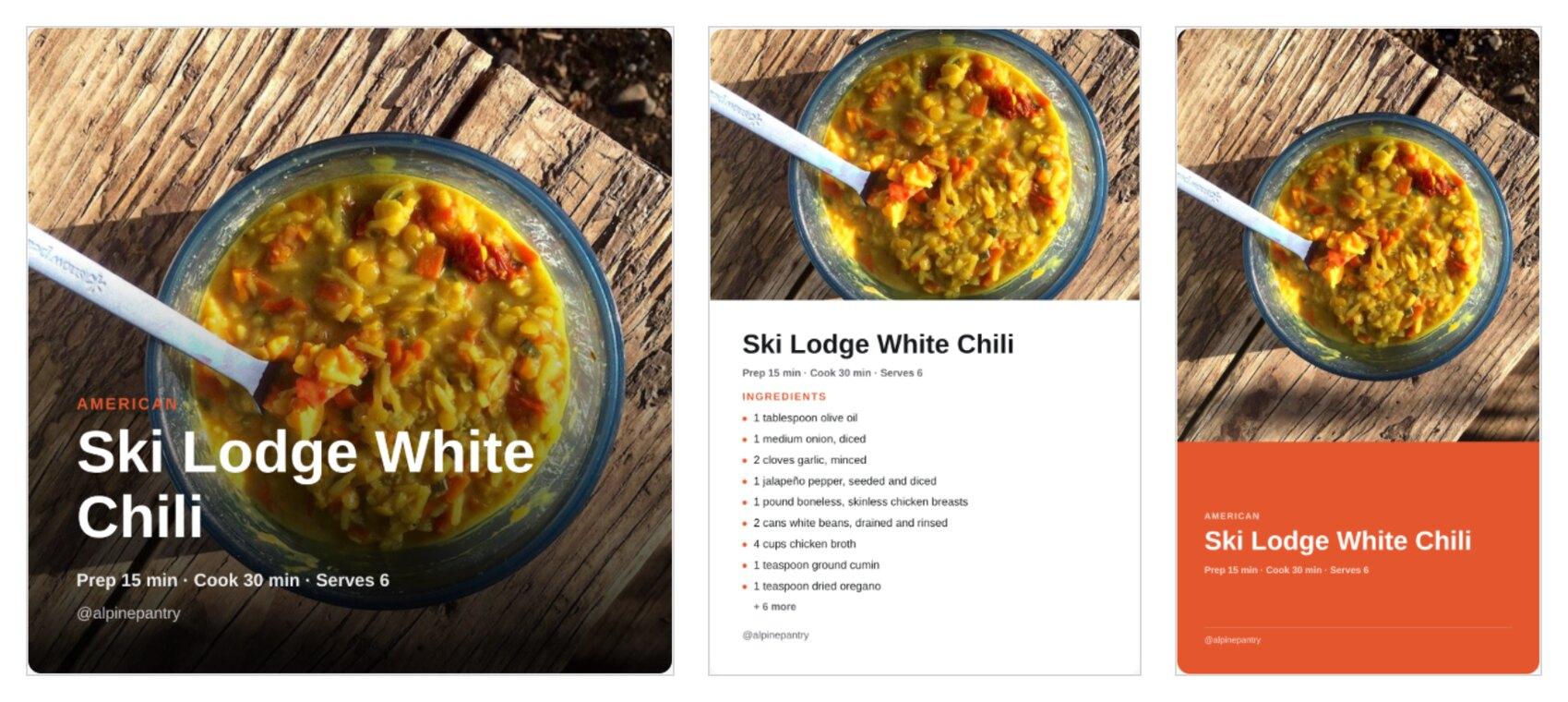 Three share images made from one recipe: Hero in Square, Ingredients in Pin, and Colour block in Story