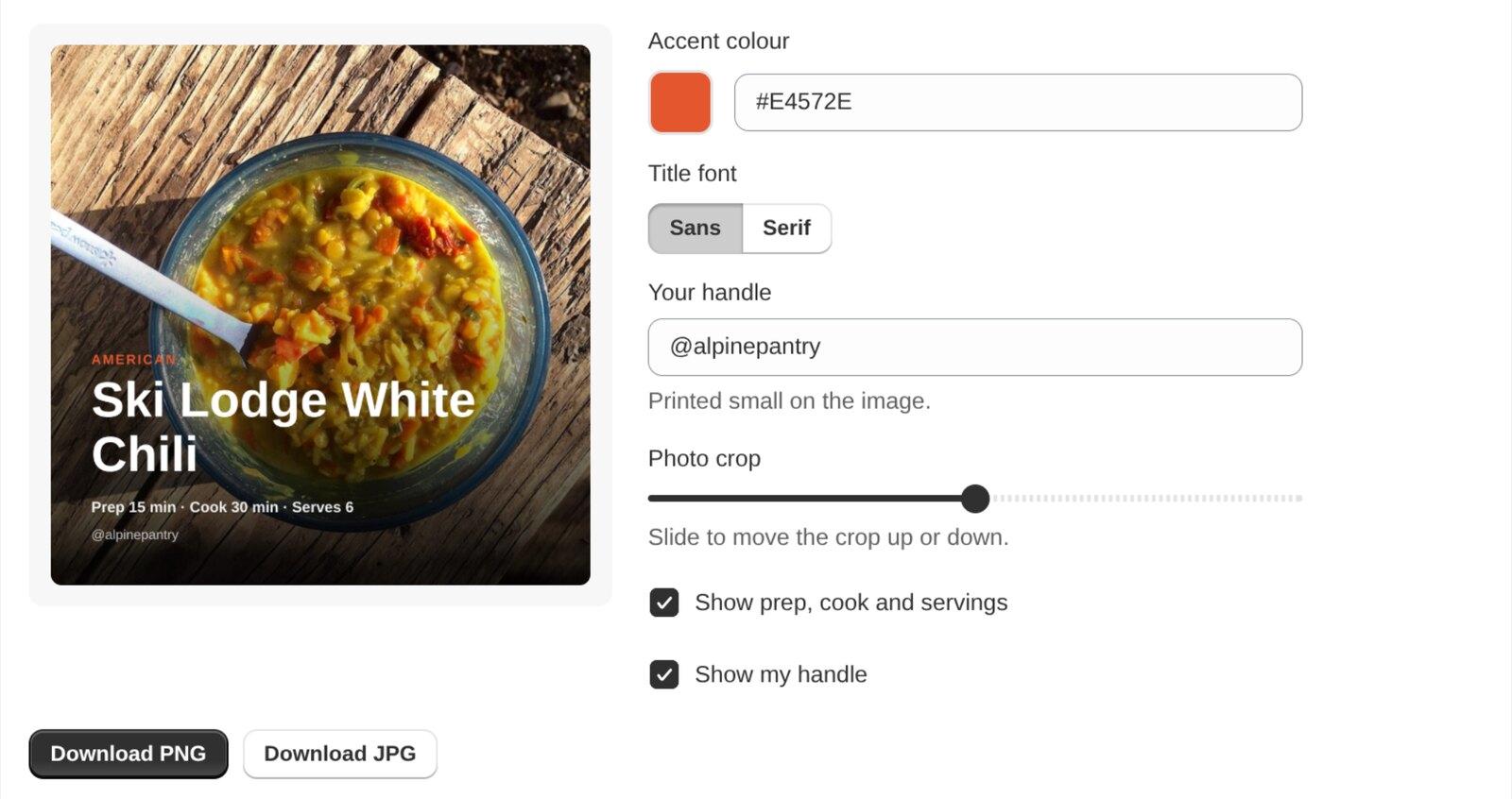 The accent colour, font, handle and crop controls next to the preview