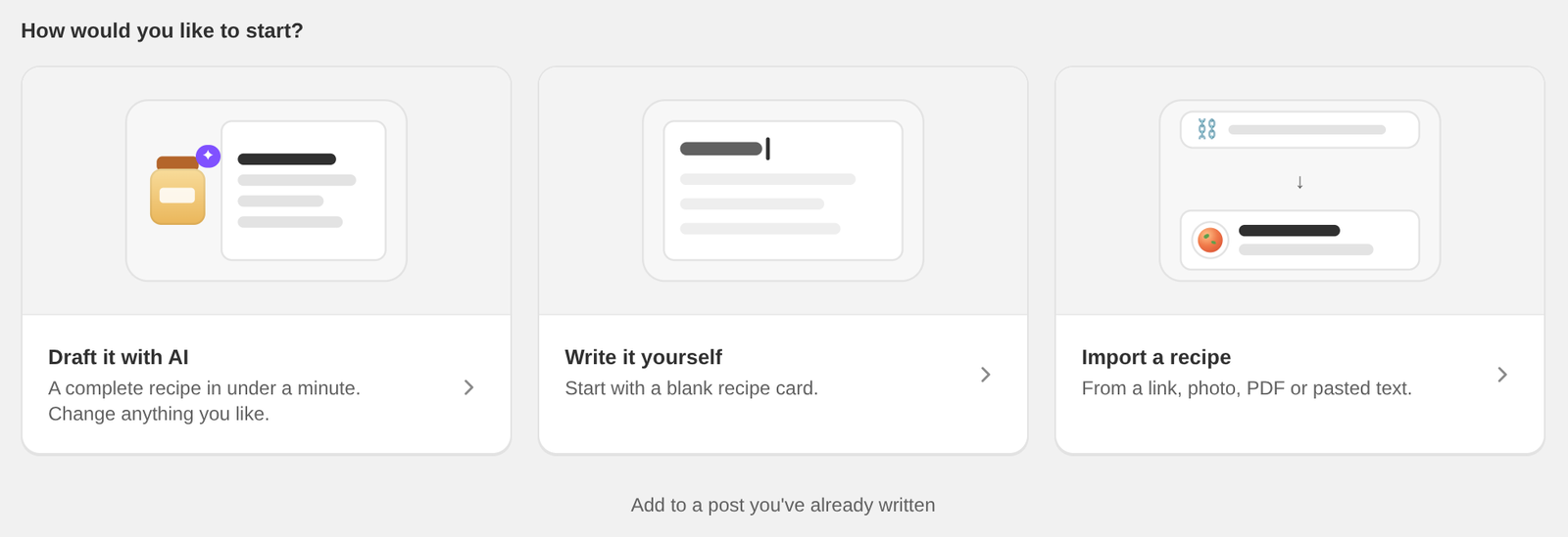 The New recipe page with three options: Draft it with AI, Write it yourself and Import a recipe