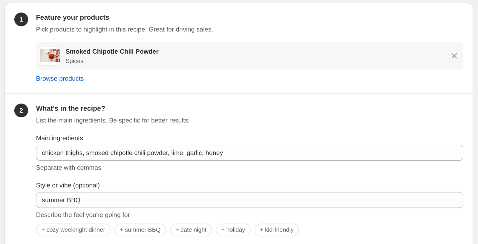 Smoked Chipotle Chili Powder picked as the featured product, with chicken thighs, chipotle, lime, garlic and honey as the main ingredients and "summer BBQ" as the style