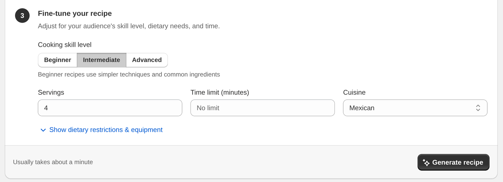The Fine-tune your recipe step: skill level, servings, time limit and cuisine, with the Generate recipe button below