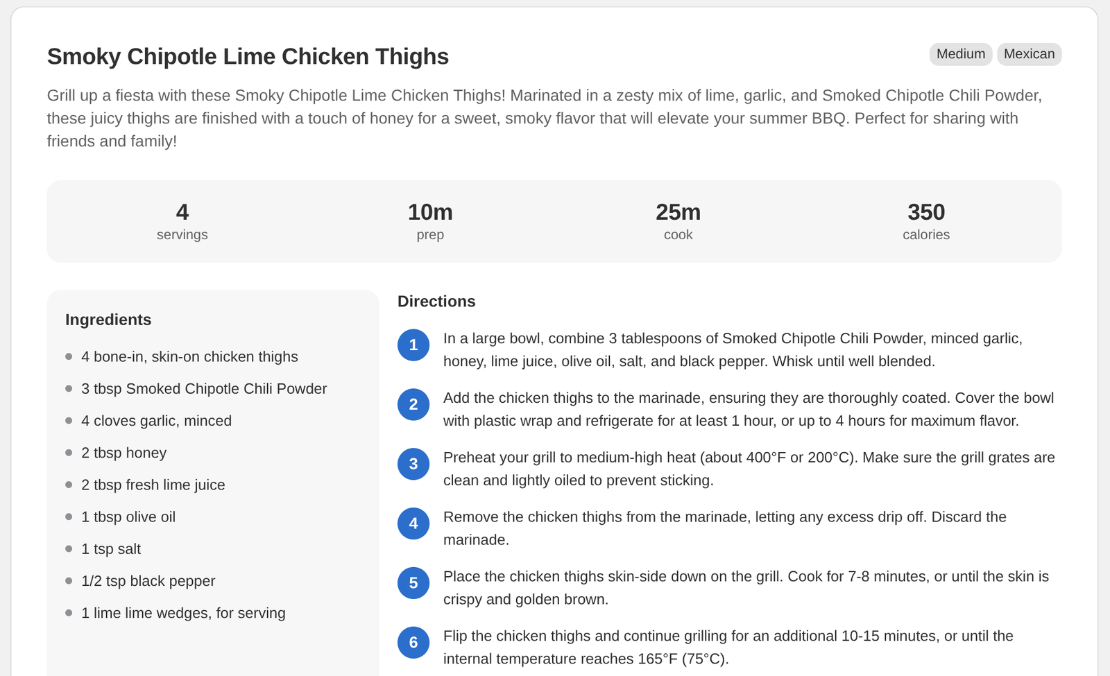 A generated draft for Smoky Chipotle Lime Chicken Thighs, with its ingredients beside numbered directions