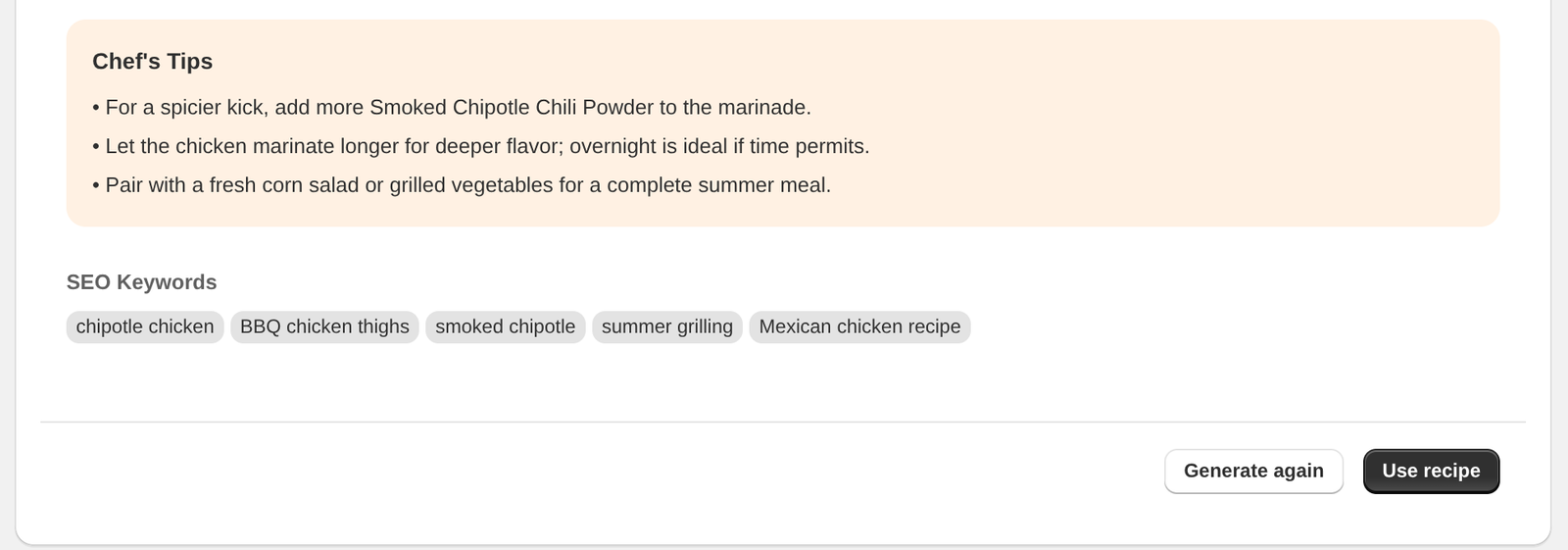 Chef's tips, SEO keywords, and the Generate again and Use recipe buttons