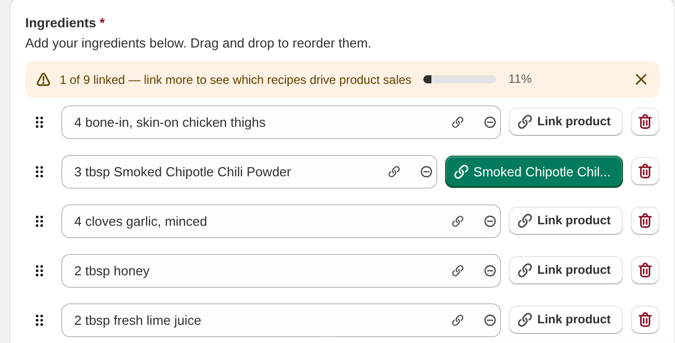 The recipe editor's ingredient list, with Smoked Chipotle Chili Powder already linked to its product