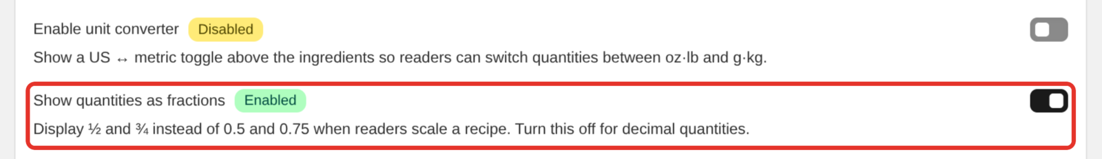 The Show quantities as fractions switch under Widget Features in Settings
