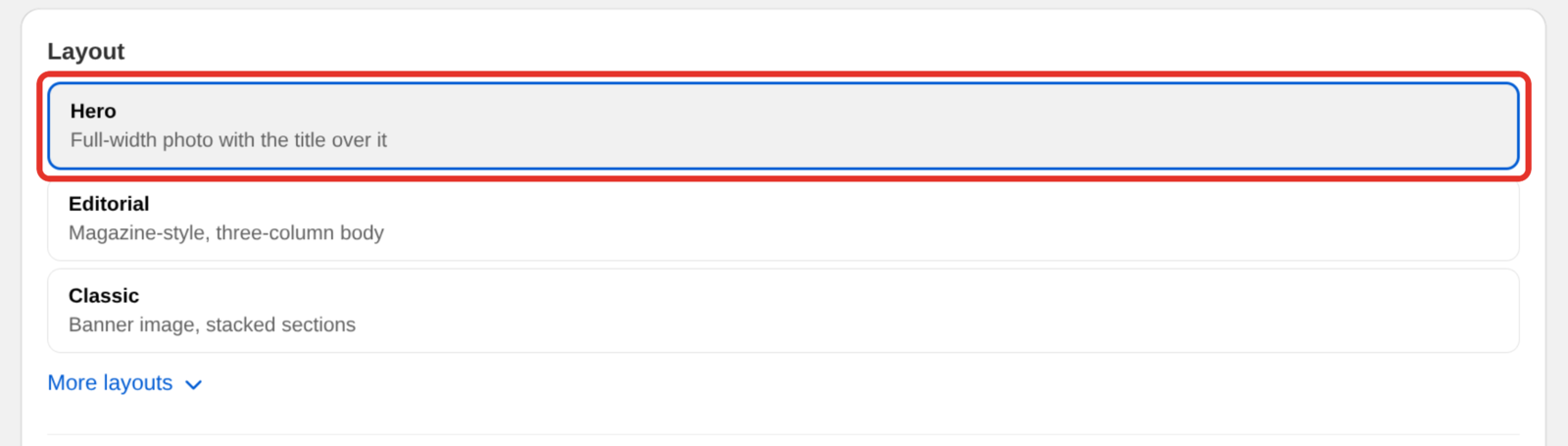 The Layout list in Settings with Hero selected