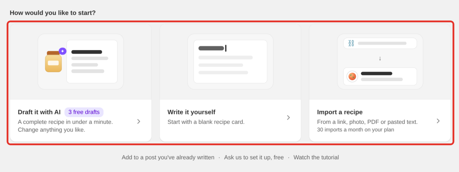 The New recipe page with Draft it with AI, Write it yourself and Import a recipe