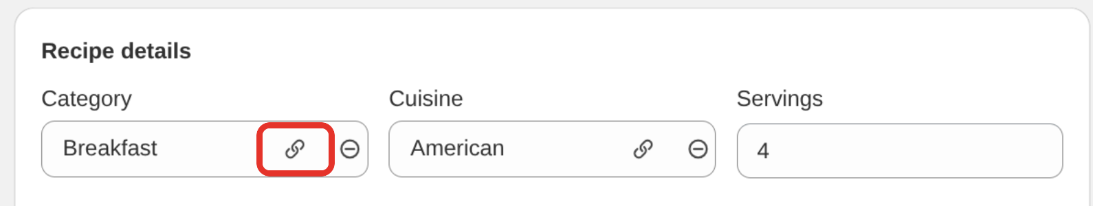 The link icon in the Category field of the Recipe details card
