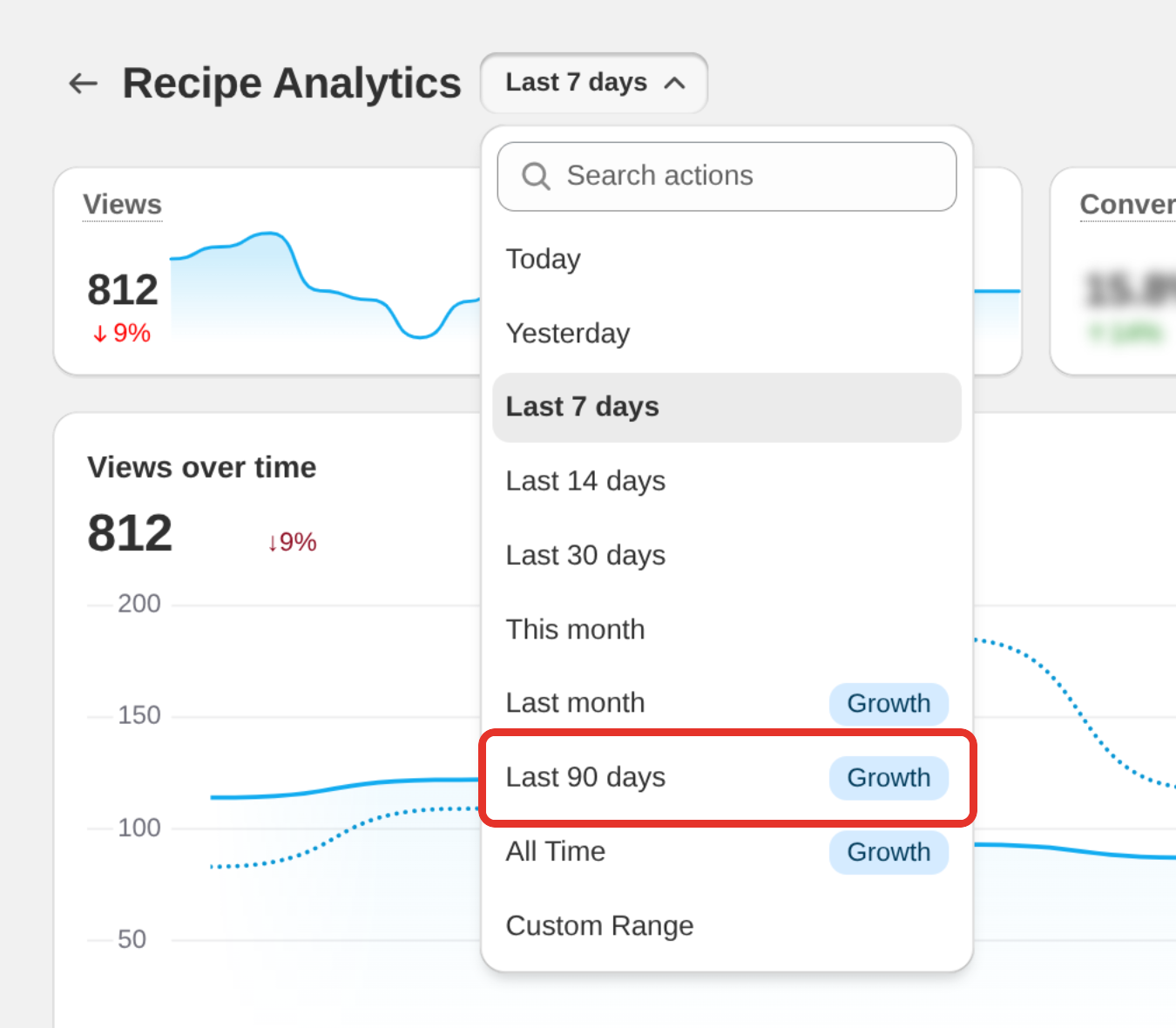 The date range menu on the Recipe Analytics page, with Growth badges on the longer ranges