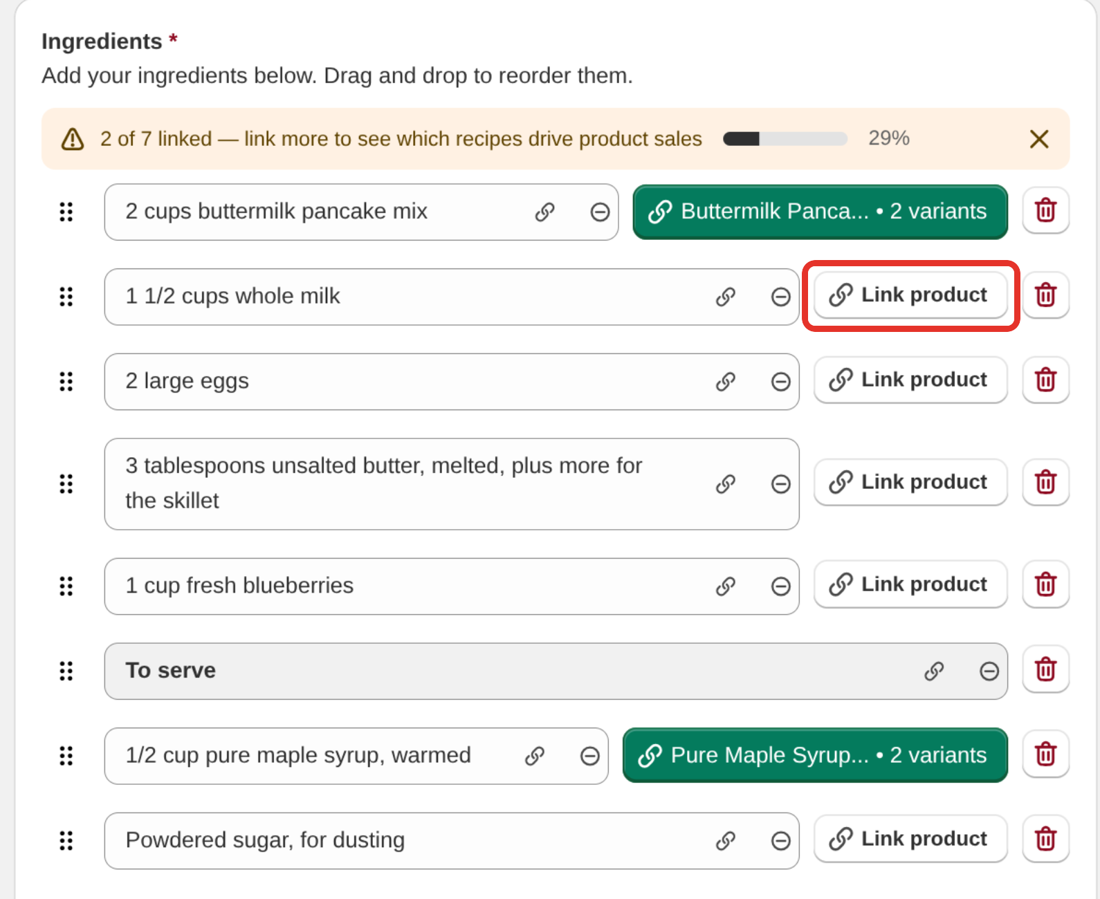 The Ingredients section with the linked-ingredient banner and a Link product button