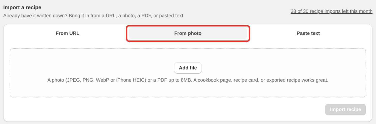The Import a recipe section on the New recipe page with the From photo tab open