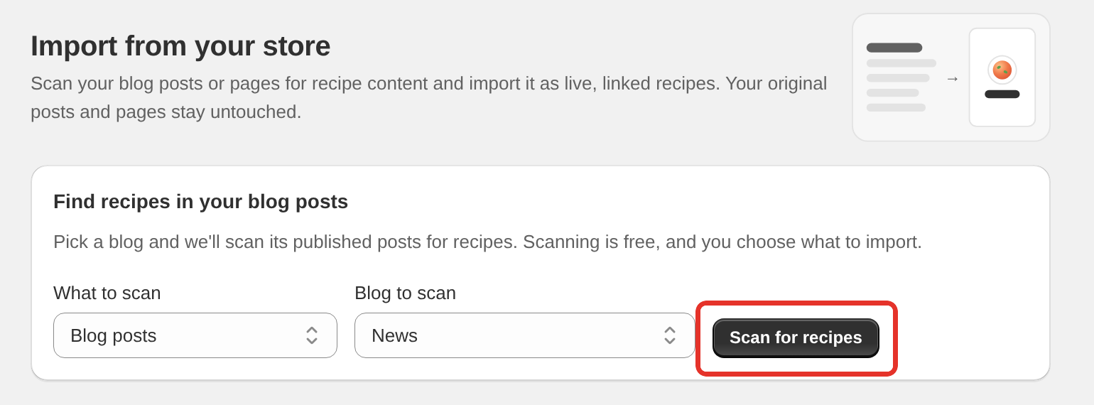 The Import from your store tool with the What to scan and Blog to scan menus and the Scan for recipes button
