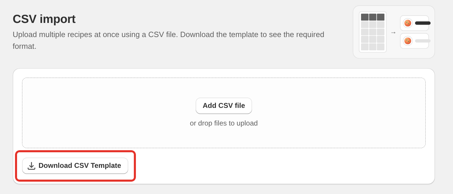 The CSV import tool with the Add CSV file drop zone and the Download CSV Template button below it