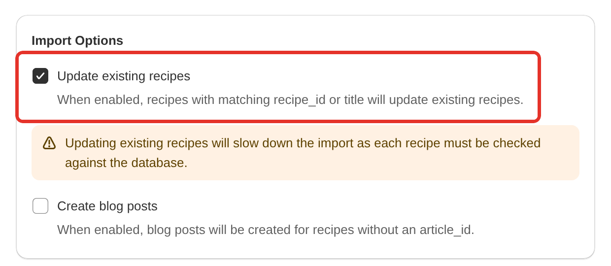 The Import Options section with the Update existing recipes and Create blog posts checkboxes