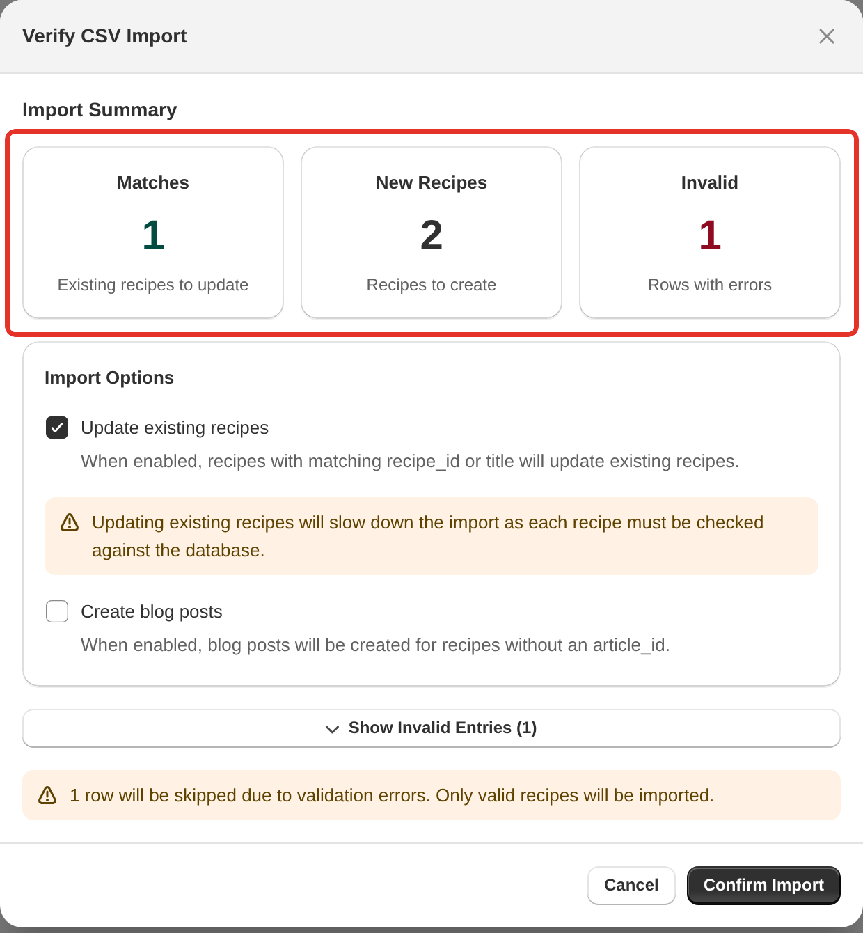 The Verify CSV Import window showing 1 match, 2 new recipes and 1 invalid row