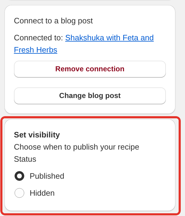 The Set visibility card in the recipe editor with Published selected