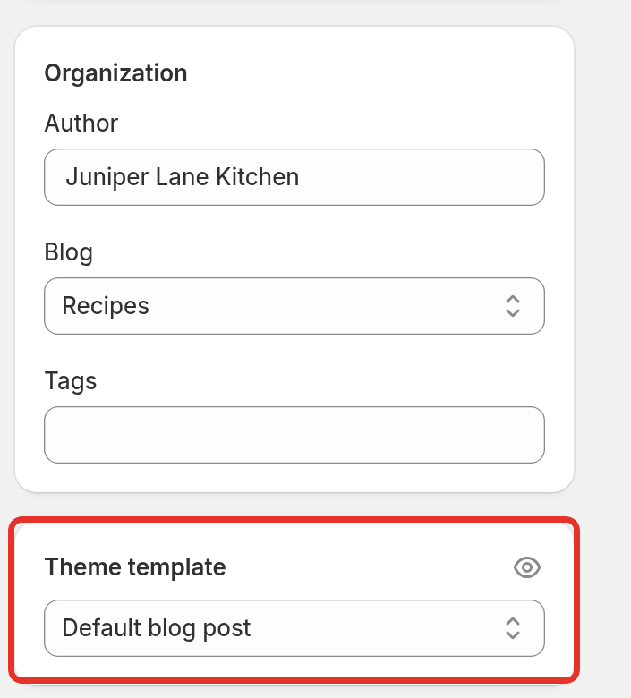 The Shopify blog post editor with the Theme template selector in the sidebar