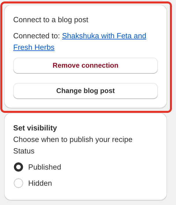 The Connect to a blog post card in the recipe editor, showing the post the recipe is connected to