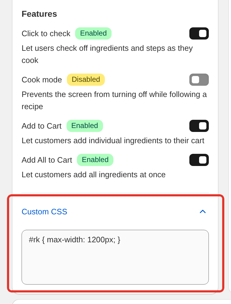 The Custom CSS box open at the bottom of the Layout and Features card in Recipe Kit Settings, with a CSS rule in it