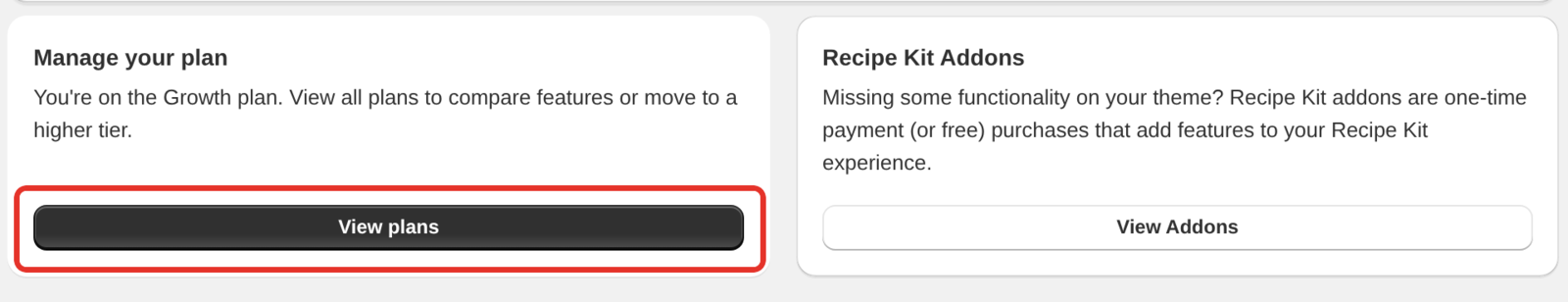 The Manage your plan card at the bottom of Recipe Kit Settings, naming the current plan, with the View plans button, next to the Recipe Kit Addons card