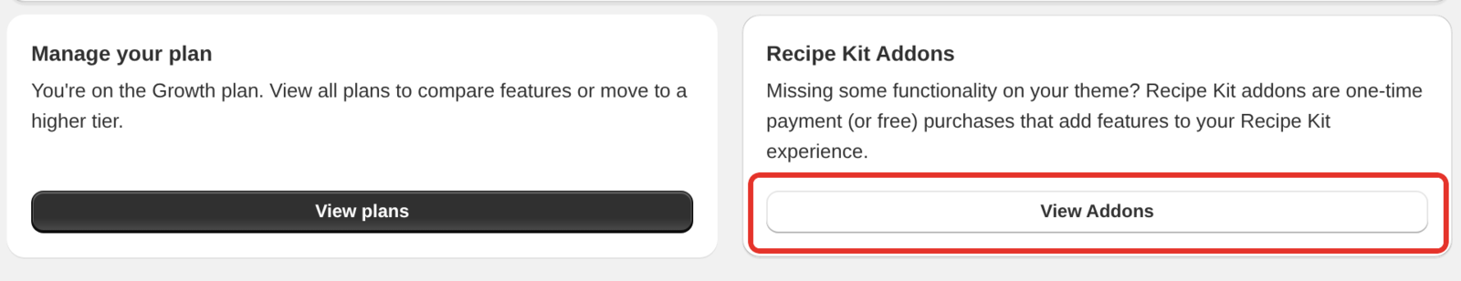 The Recipe Kit Addons card at the bottom of Recipe Kit Settings, next to the plan card, with the View Addons button