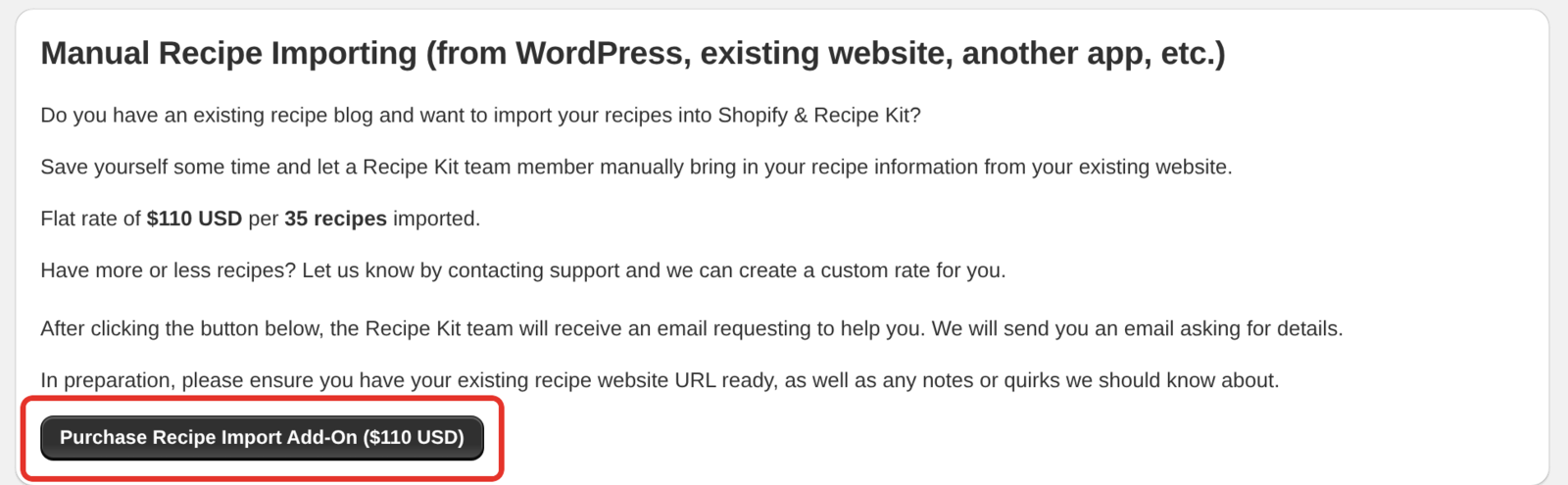 The Manual Recipe Importing card on the Recipe Kit Add-ons page, with the price and the purchase button