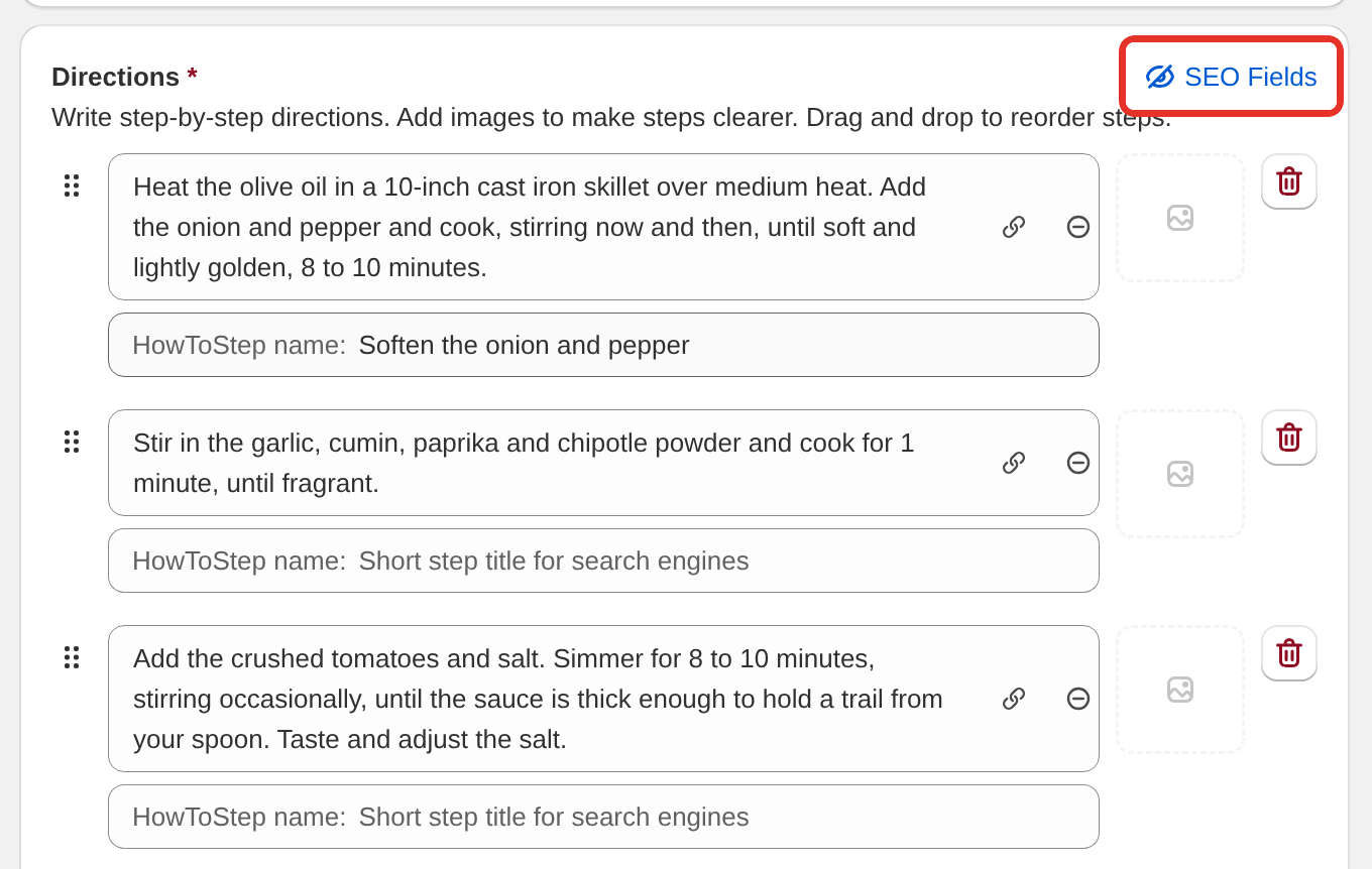 The Directions card with SEO Fields switched on and a step title typed under the first step