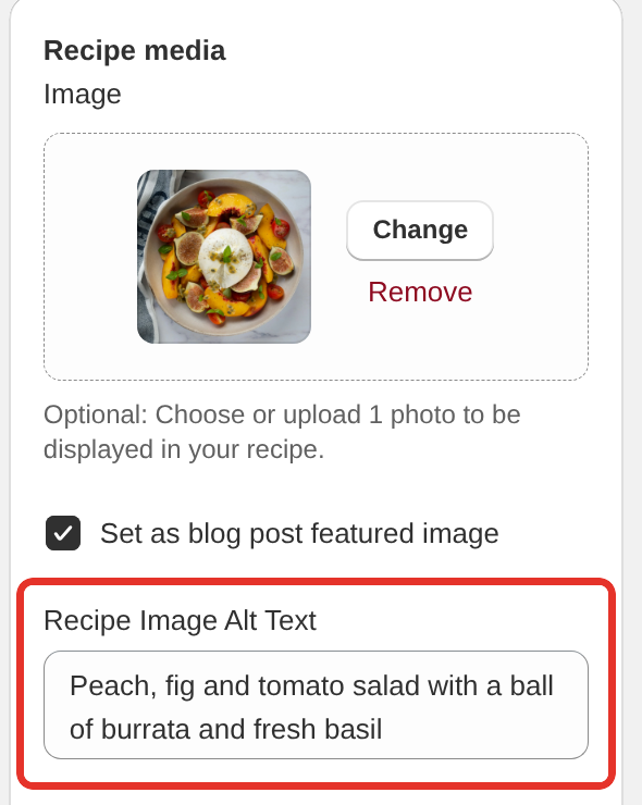 The Recipe media card with the recipe photo, the Set as blog post featured image checkbox and the Recipe Image Alt Text box