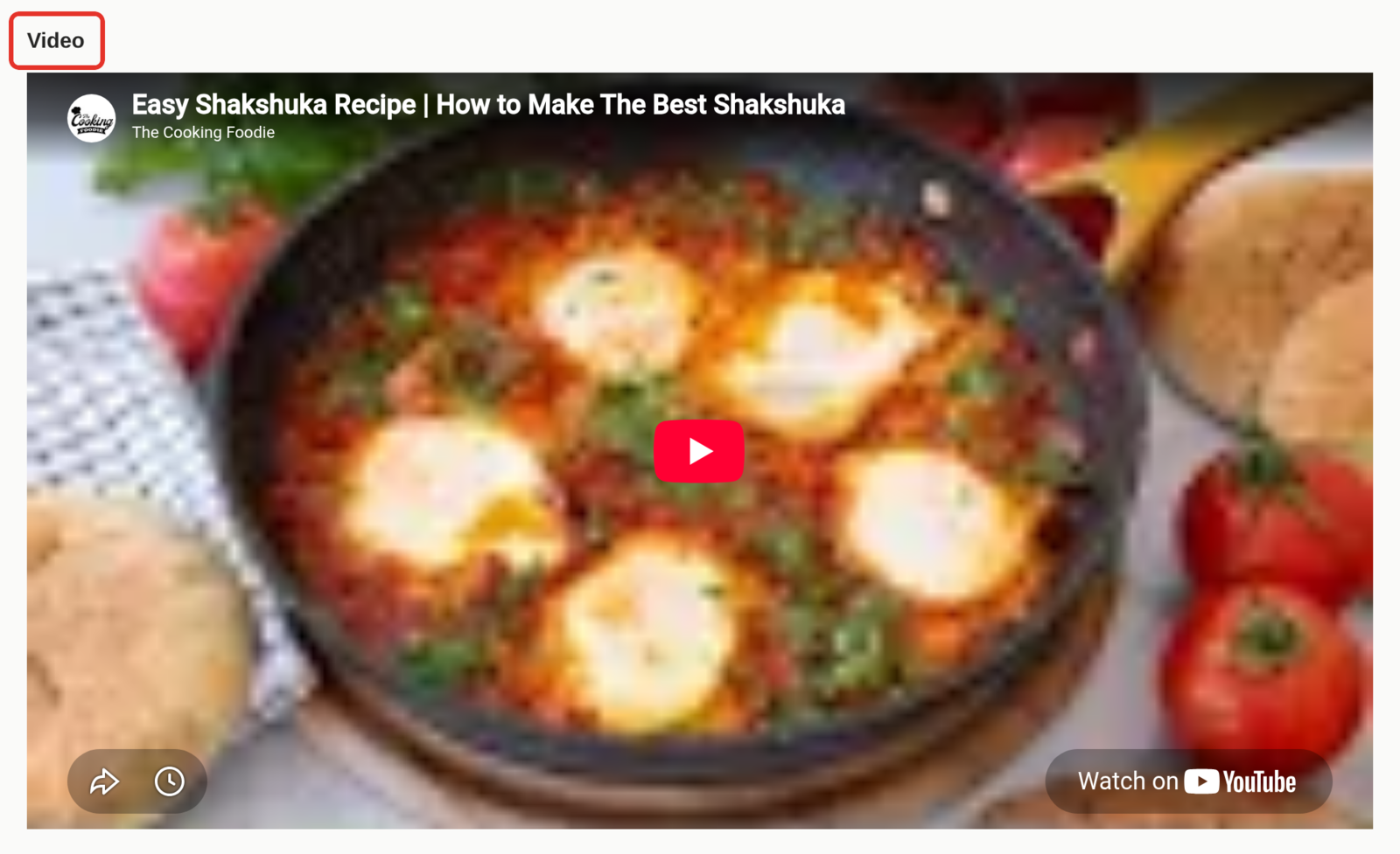The Video section of a recipe card with a YouTube player below the directions