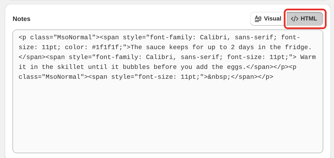 The Notes card in HTML mode showing pasted span and style markup