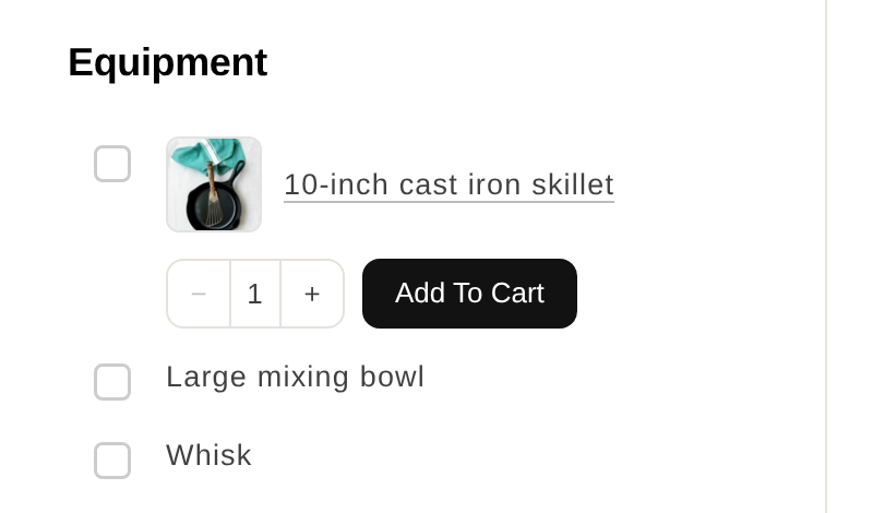 The equipment section of a recipe card with a product photo and Add To Cart button beside a linked item