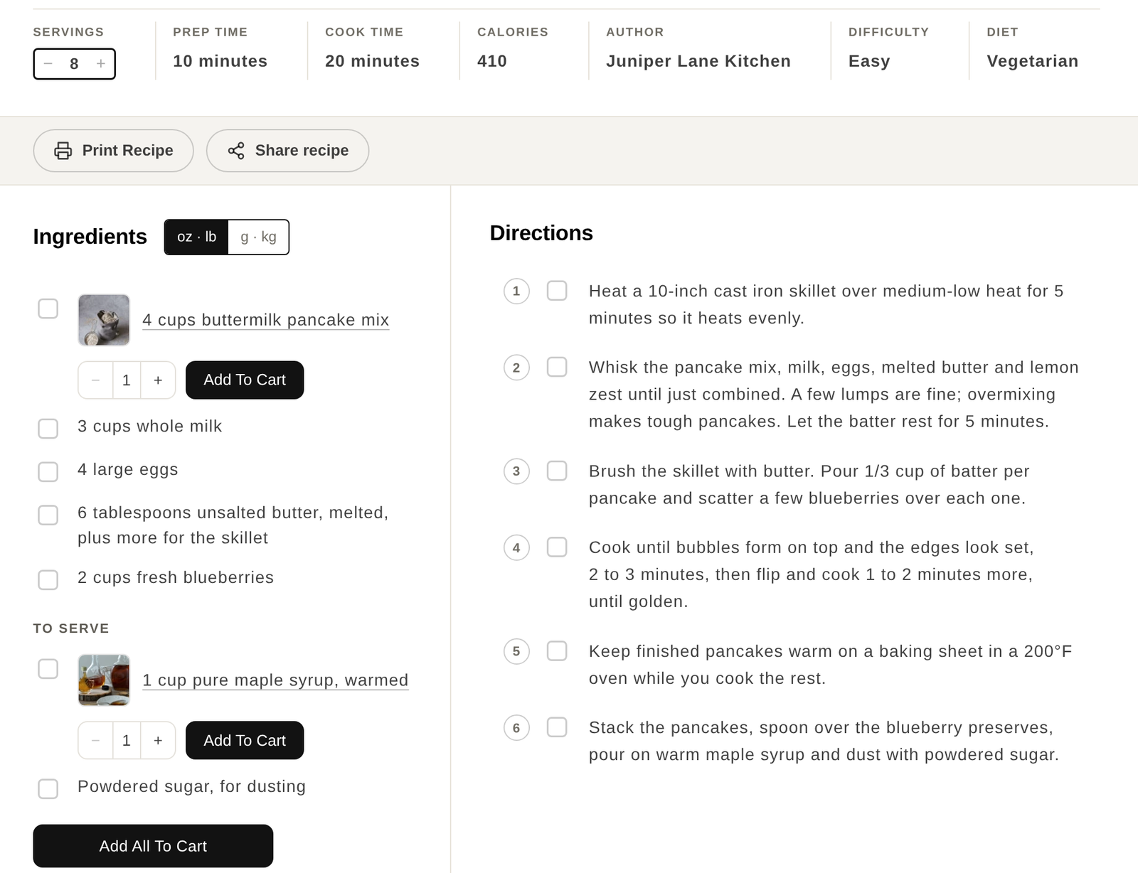 A recipe card with the servings doubled to 8 and the ingredient quantities scaled to match