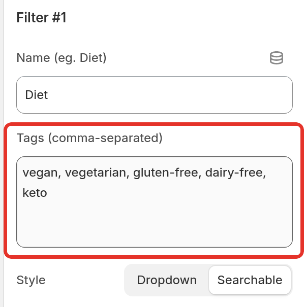 The Filter #1 settings with the name Diet, a list of diet tags and the Searchable style selected