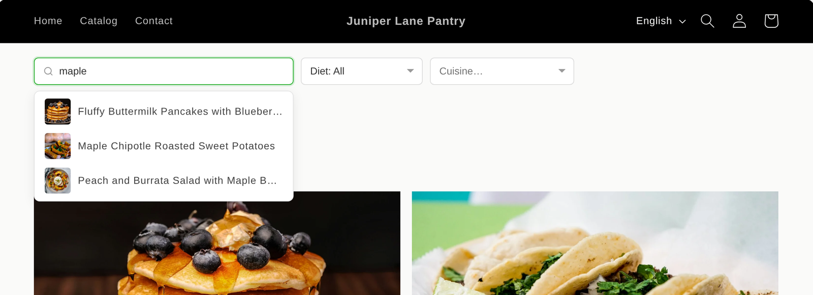 A recipe blog page with Diet and Cuisine filter menus and a search bar showing matching recipes with thumbnails