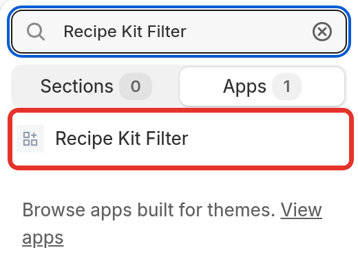 The theme editor's Add section menu on the blog template, with Recipe Kit Filter listed under Apps