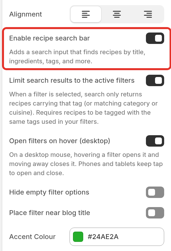The top of the Recipe Kit Filter settings with the search bar, search limit, hover and hide empty options