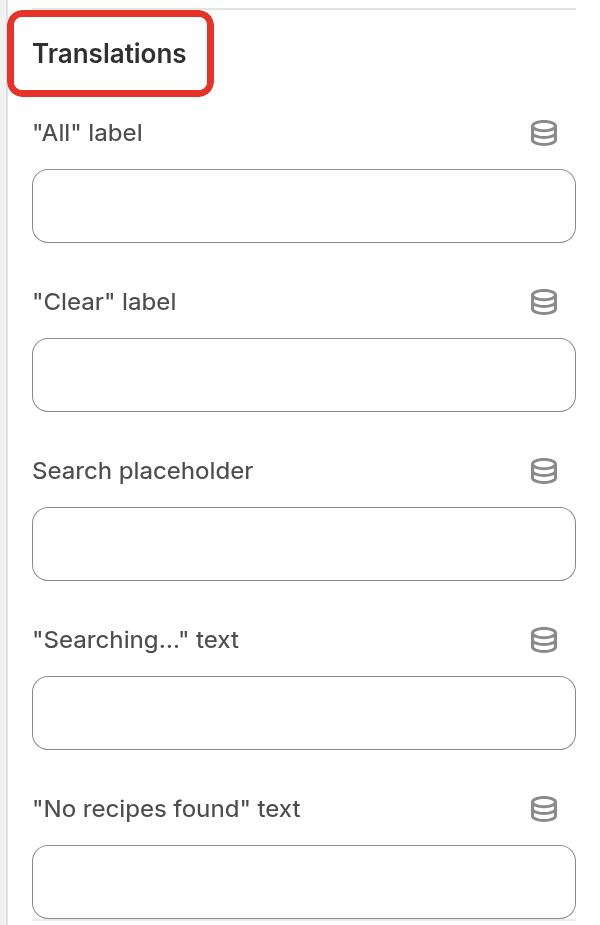 The Translations settings of the Recipe Kit Filter with the All, Clear, search placeholder, searching and no recipes found boxes