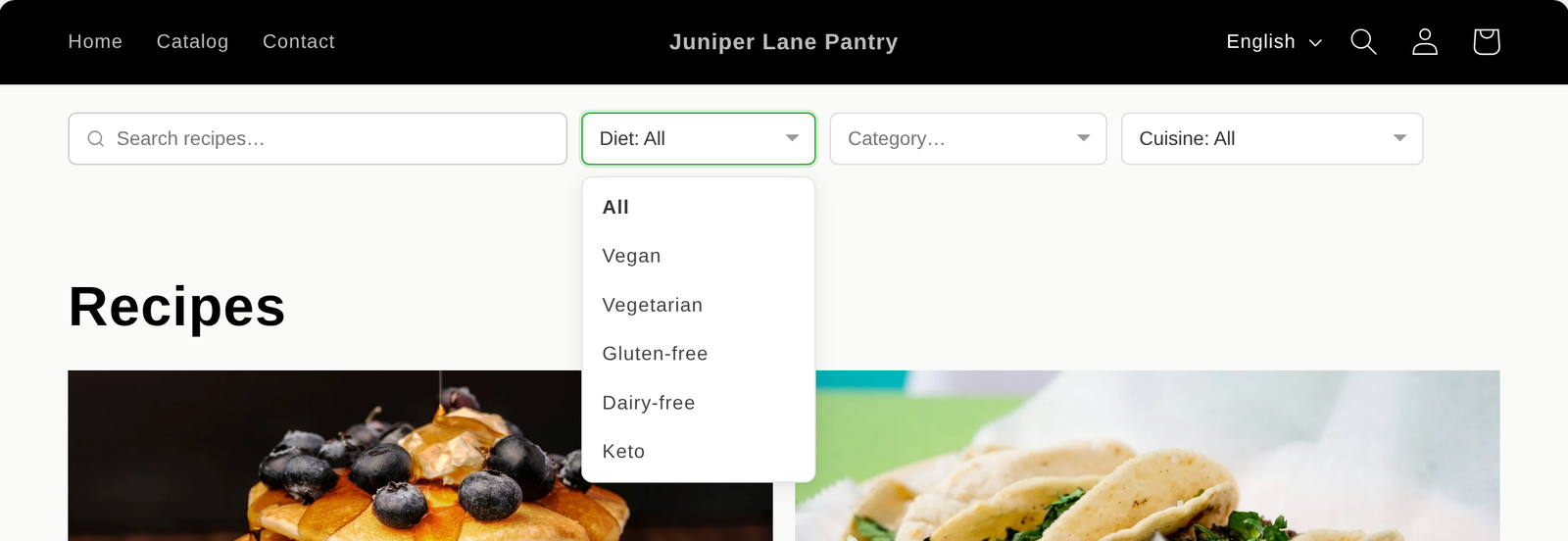A recipe blog page with Diet, Category and Cuisine filter menus above the list of posts