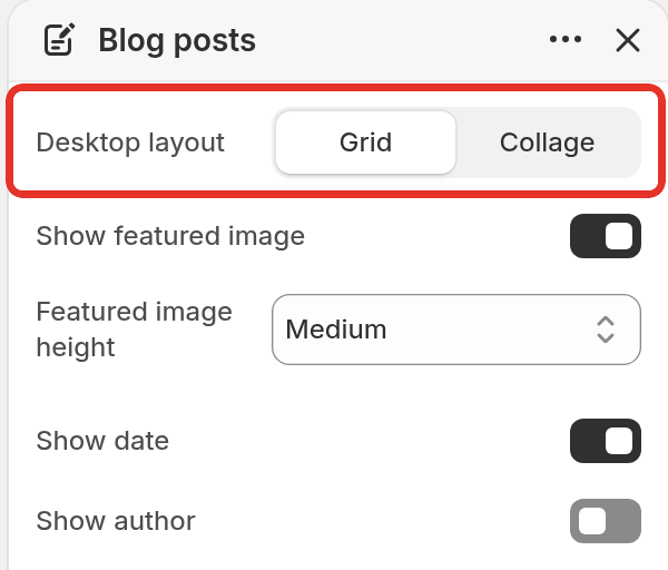 The Blog posts section settings in the Dawn theme editor with the layout setting highlighted