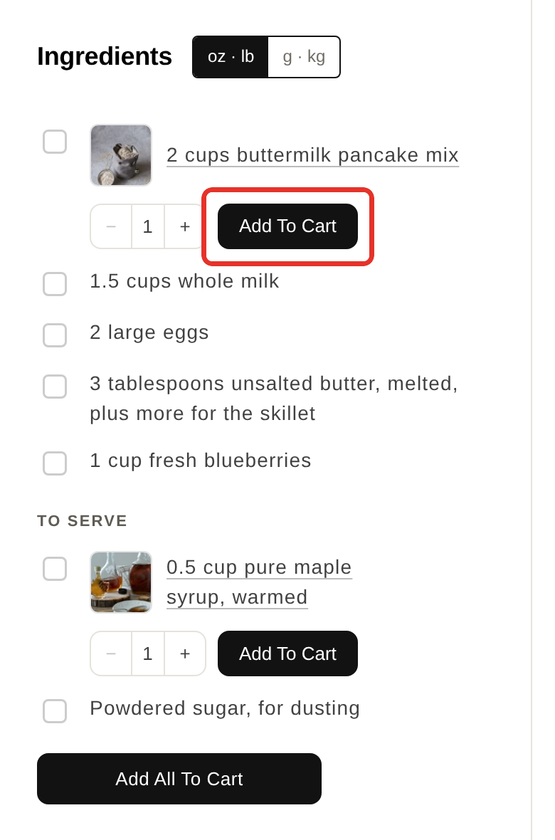 A recipe card's ingredient list with a quantity stepper and Add To Cart button beside each linked ingredient, and an Add All To Cart button below