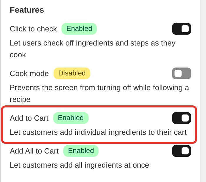 The Features list in Recipe Kit Settings with the Add to Cart and Add All to Cart switches turned on