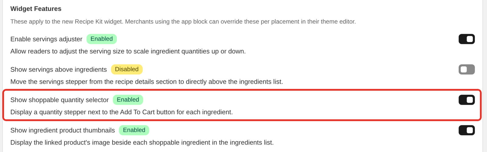 The Widget Features list in the Advanced section of Settings, showing the quantity selector and product thumbnail switches