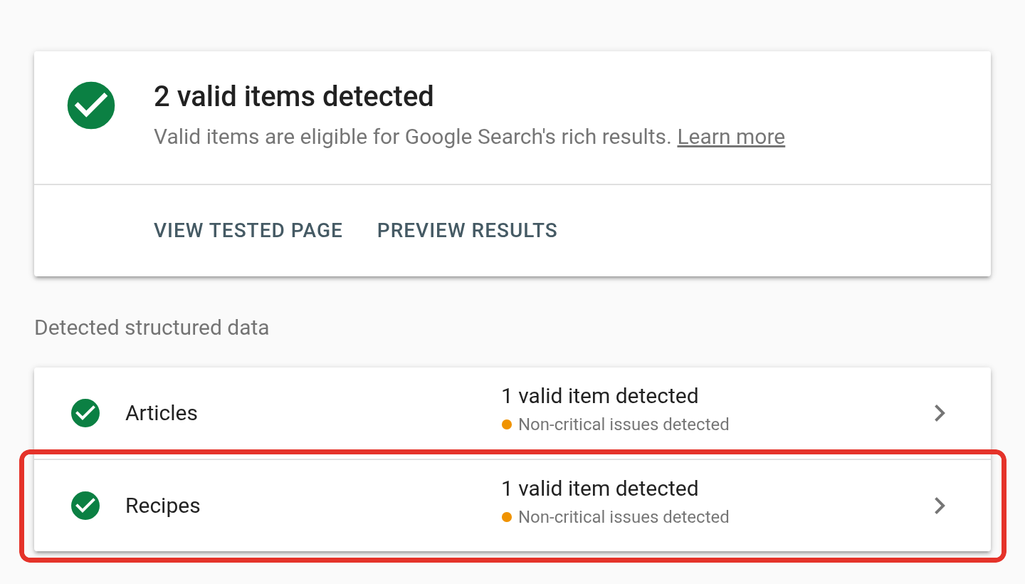 Google's Rich Results Test showing a valid Recipes item for a recipe post