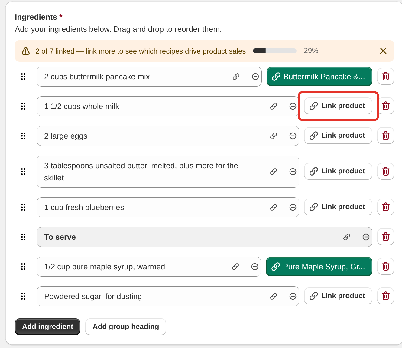 The Ingredients card with two ingredients linked to products, a To serve group heading and a Link product button beside the others
